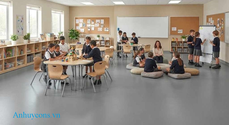 Sàn nhựa vinyl đồng nhất giúp giảm thiểu các rủi ro thường gặp về sàn nhà trong lớp học như thế nào?